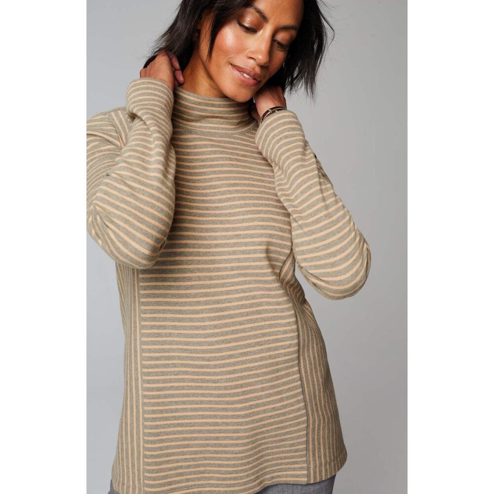 J.Jill Womens Seamed Mock Neck Long Sleeve Top Tan Gray Stripe Cotton Cozy M